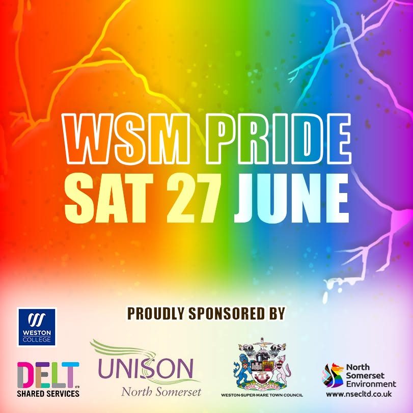 Promotional poster for WSM Pride featuring a vibrant rainbow background with lightning-style streaks. Large white text in the centre reads "